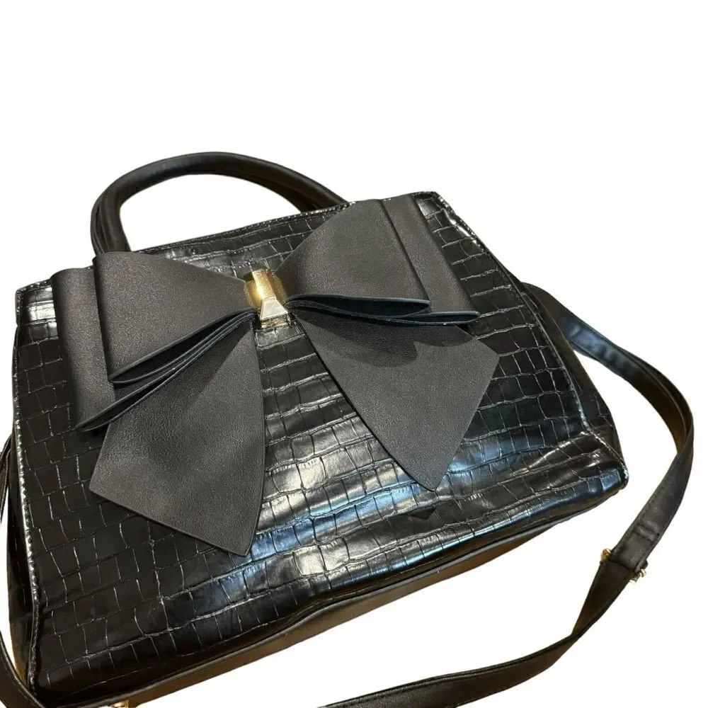 Grossi Croc Crocodile Embossed Satchel Handbag Purse with Large Bow